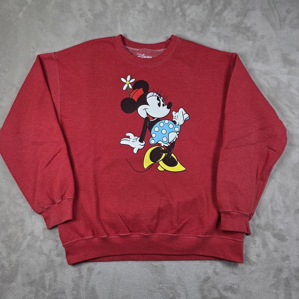 Disney Minnie Mouse Sweatshirt Womens L Red Crewneck Pullover Cozy Warm‎ Fleece